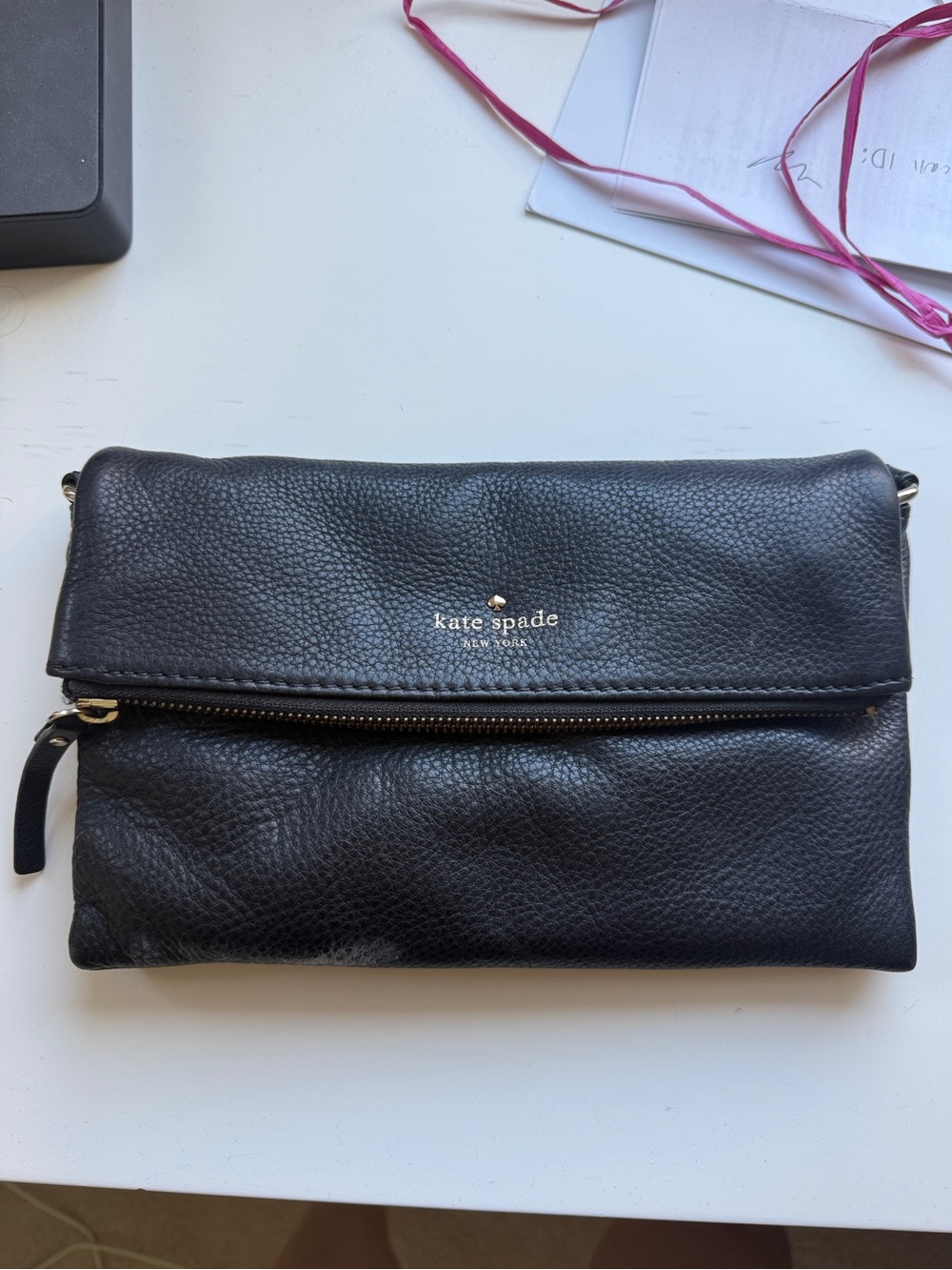 kate spade Black Pebbled Leather Fold-Over Clutch with Zip